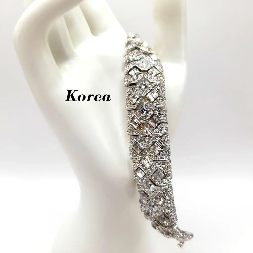 Vintage Korea Clear Rhinestone Bracelet, Art Deco Style Wedding Jewelry, 7.5 In